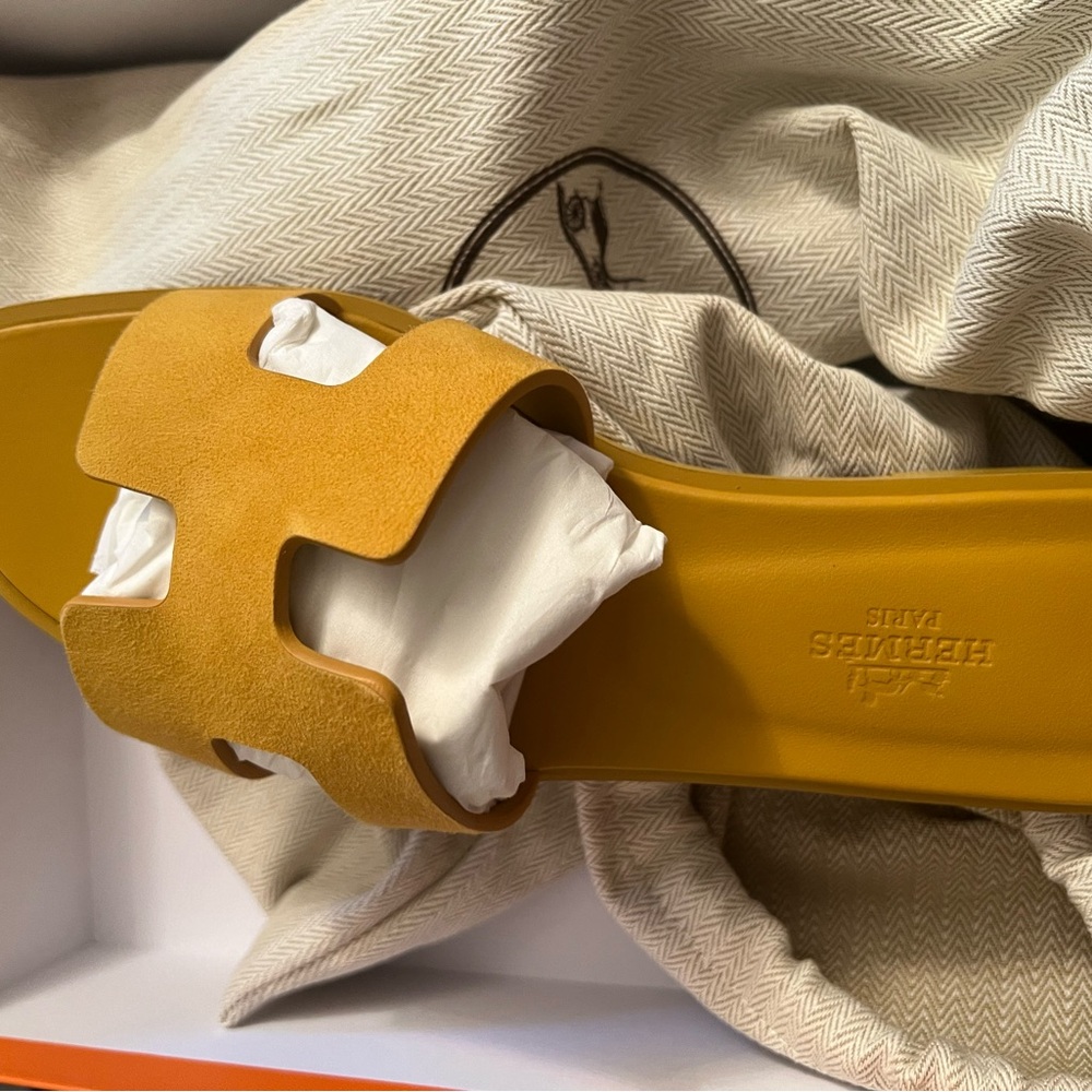 Hermes Mustard Suede Oran Slide Sandals